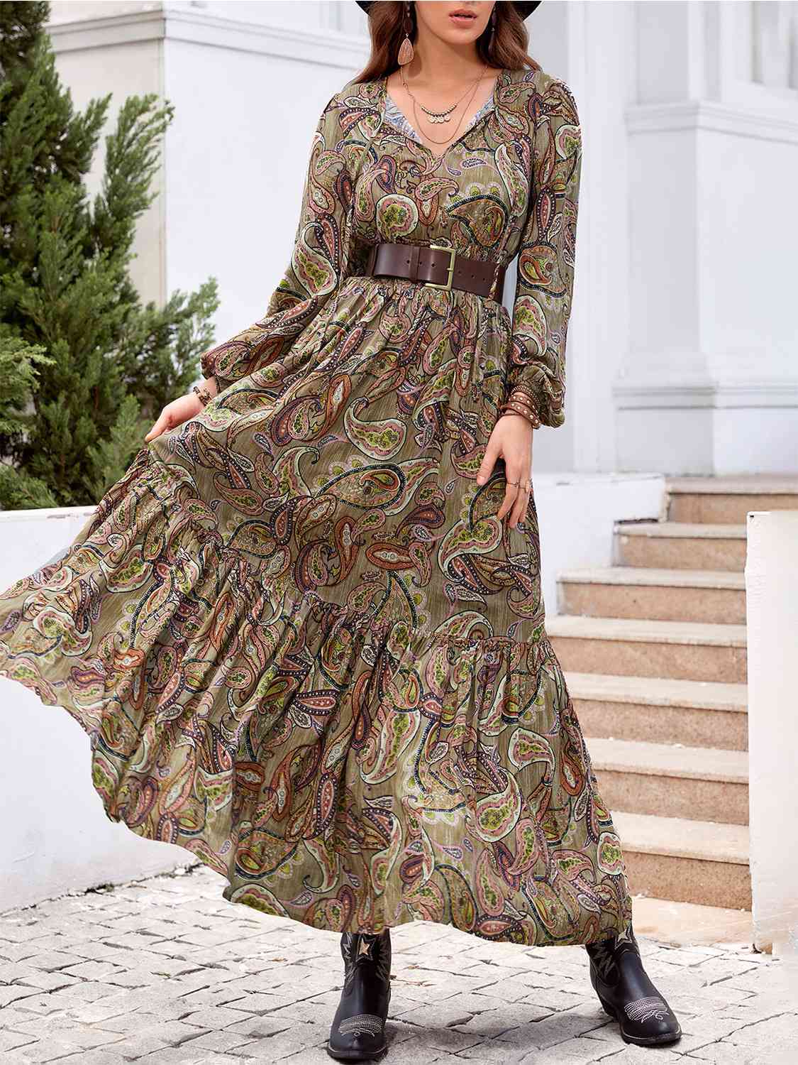 Printed Tie Neck Ruffle Hem Long Sleeve Dress Multicolor / S