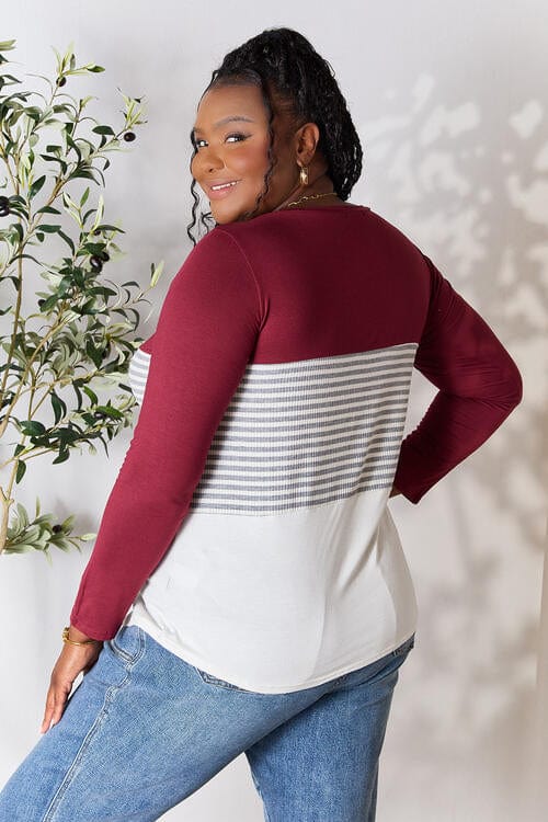 e.Luna Full Size Striped Contrast Long Sleeve Top