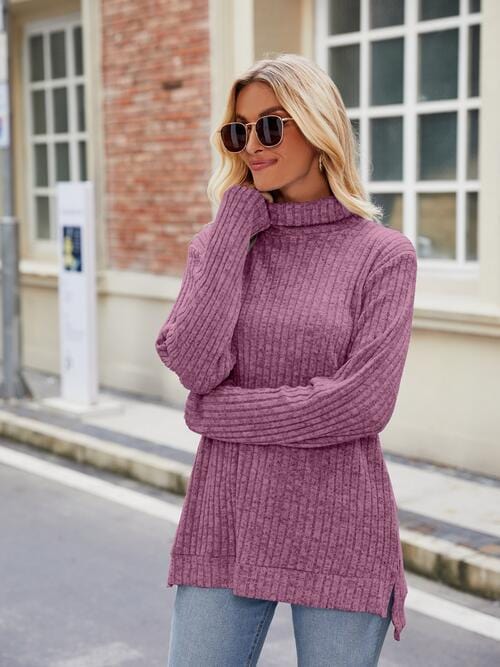 Ribbed Turtleneck Long Sleeve Slit Knit Top Fuchsia / S