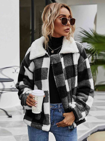 Fuzzy Plaid Zip-Up Collared Jacket