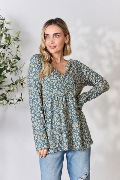 Heimish Full Size Floral Half Button Long Sleeve Blouse Dusty Teal Multi / S