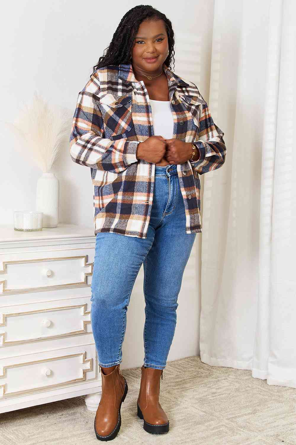 Double Take Navy Plaid Button Front Shirt Jacket with Breast Pockets