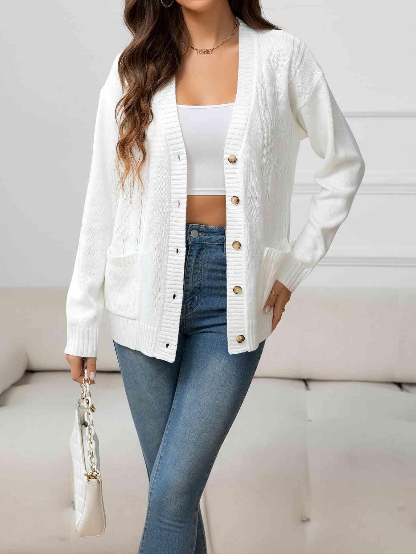 V-Neck Long Sleeve Buttoned Knit Cardigan with Pocket White / S
