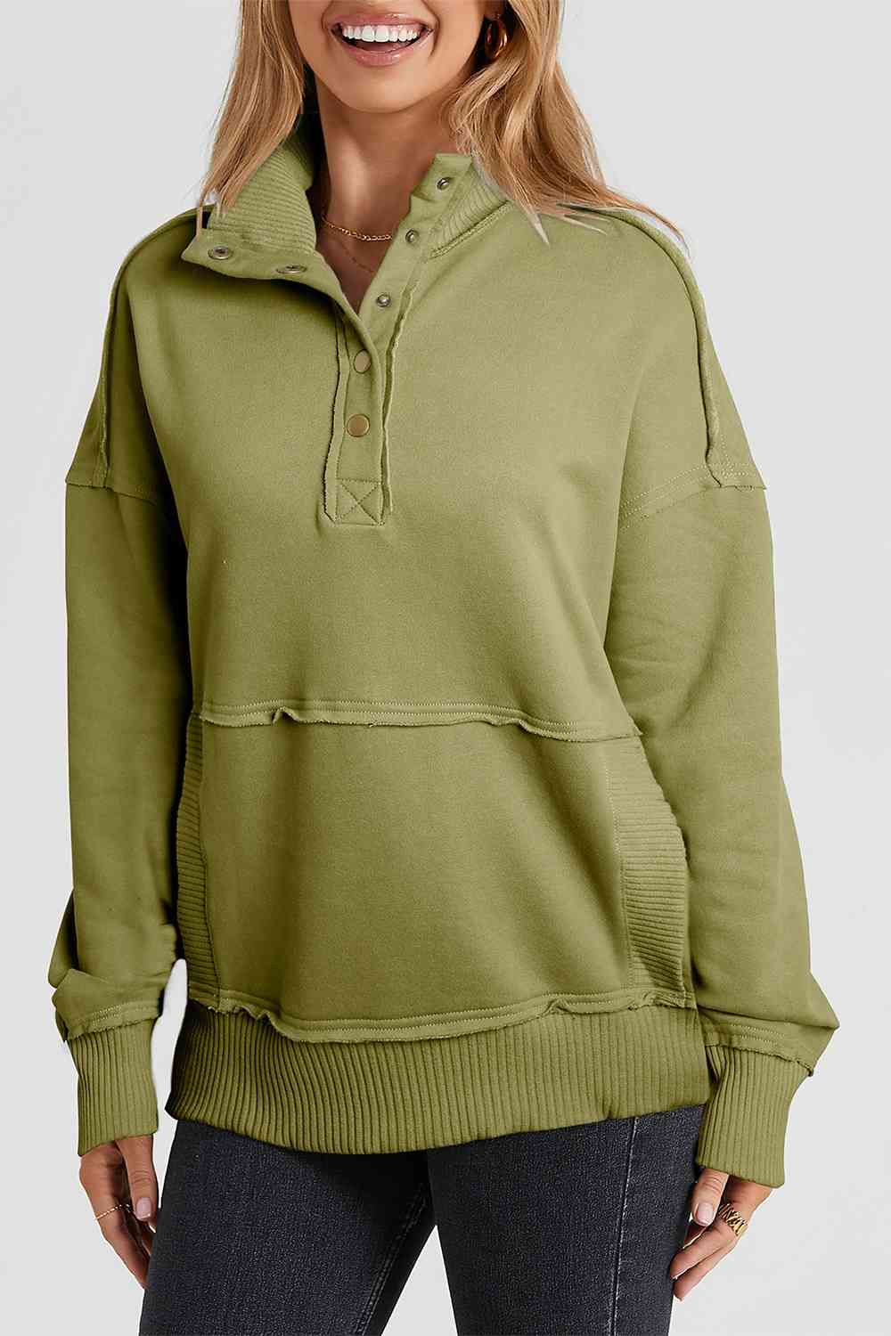 Half Snap Drop Shoulder Long Sleeve Sweatshirt Matcha Green / S