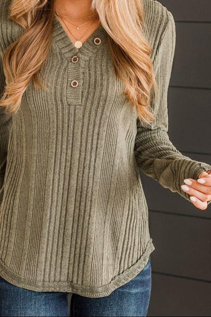 Ribbed Henley Long Sleeve Top