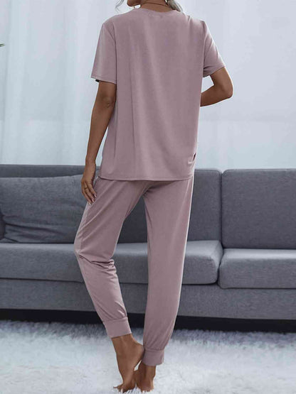 Round Neck Short Sleeve Top and Pants Set