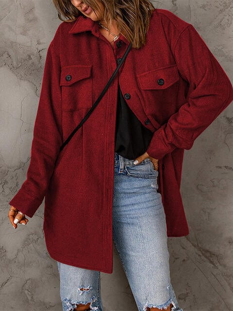 Drop Shoulder Button Down Collared Coat Wine / S