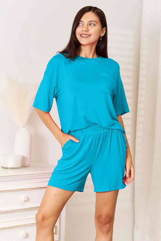 Basic Bae Full Size Soft Rayon Half Sleeve Top and Shorts Set Sky Blue / S