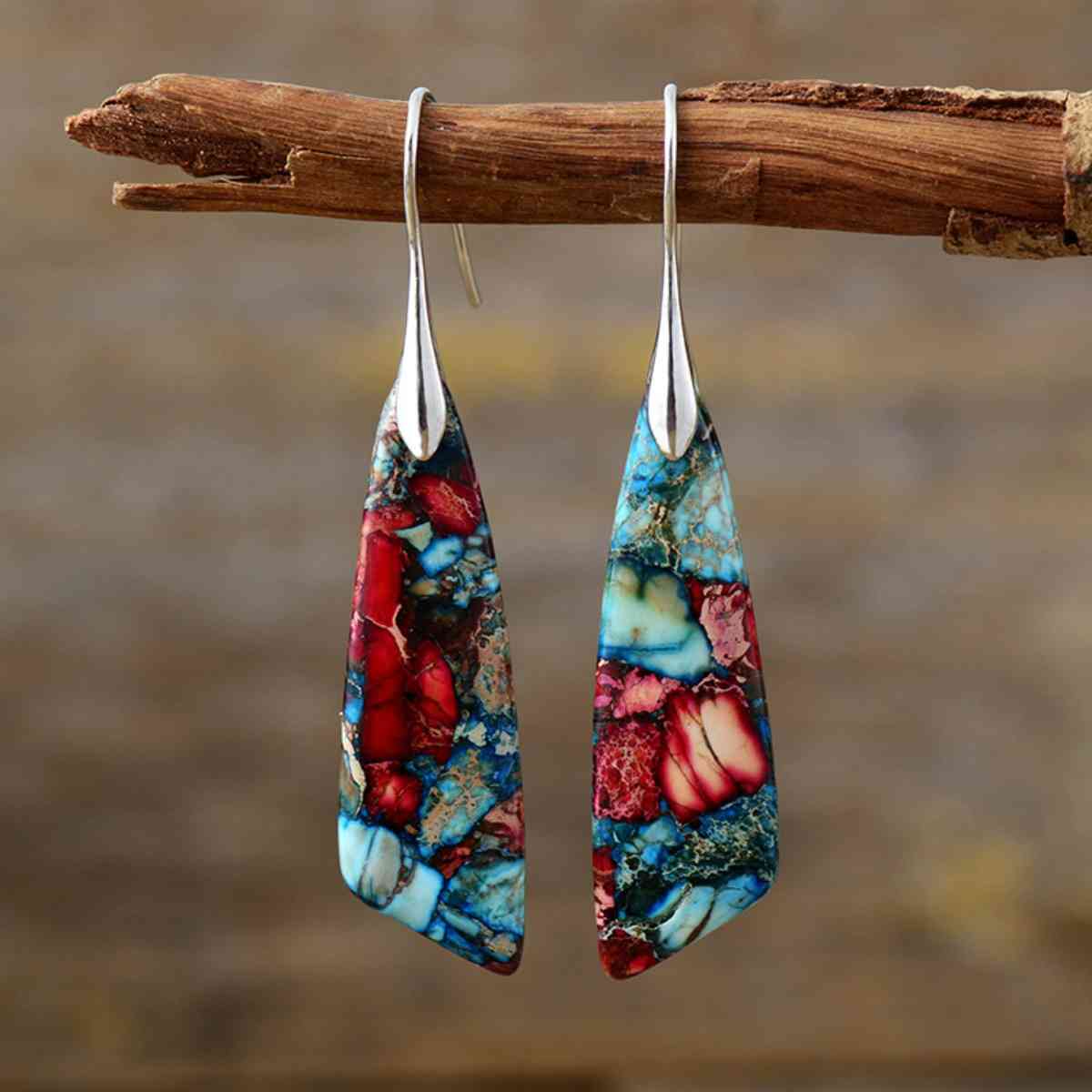 Natural Stone Dangle Earrings Red/Silver / One Size