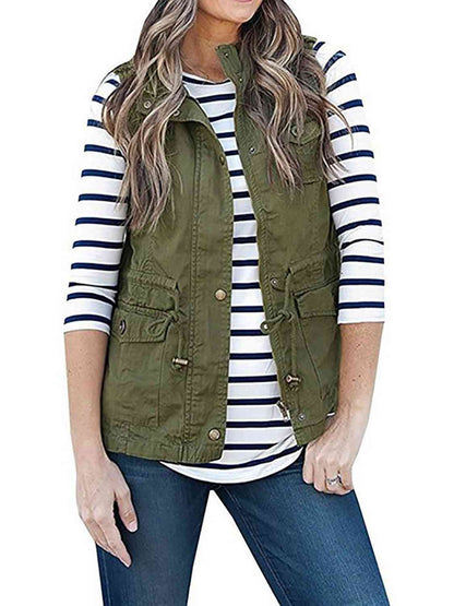 Drawstring Waist Vest with Pockets Army Green / S