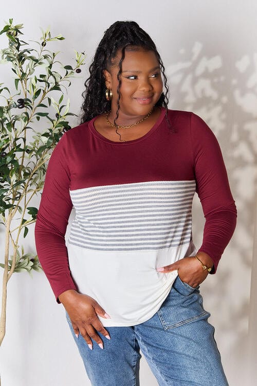 e.Luna Full Size Striped Contrast Long Sleeve Top Burgundy / S