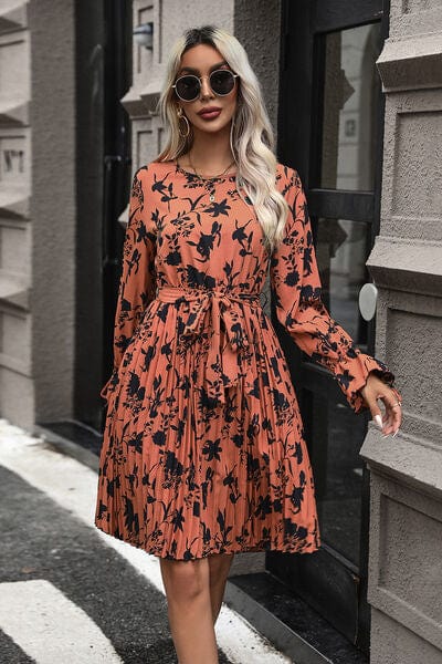 Tie-Waist Printed Pleated Mini Dress