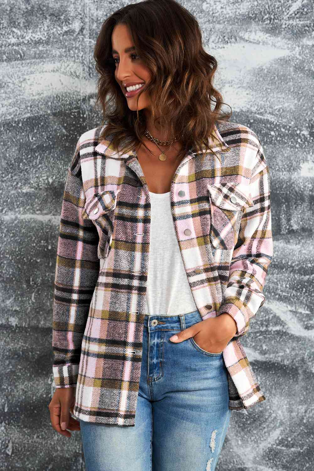 Double Take Plaid Button Front Shirt Jacket with Breast Pockets Pink / S