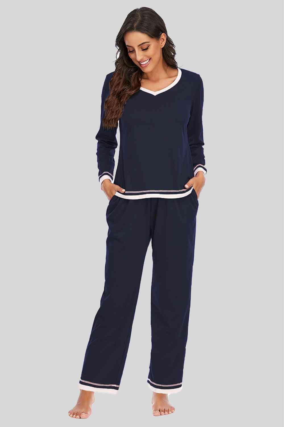 V-Neck Top and Pants Lounge Set Dark Navy / S