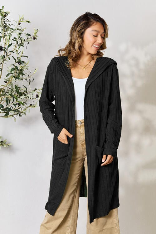 Basic Bae Full Size Ribbed Open Front Long Sleeve Cardigan Black / S