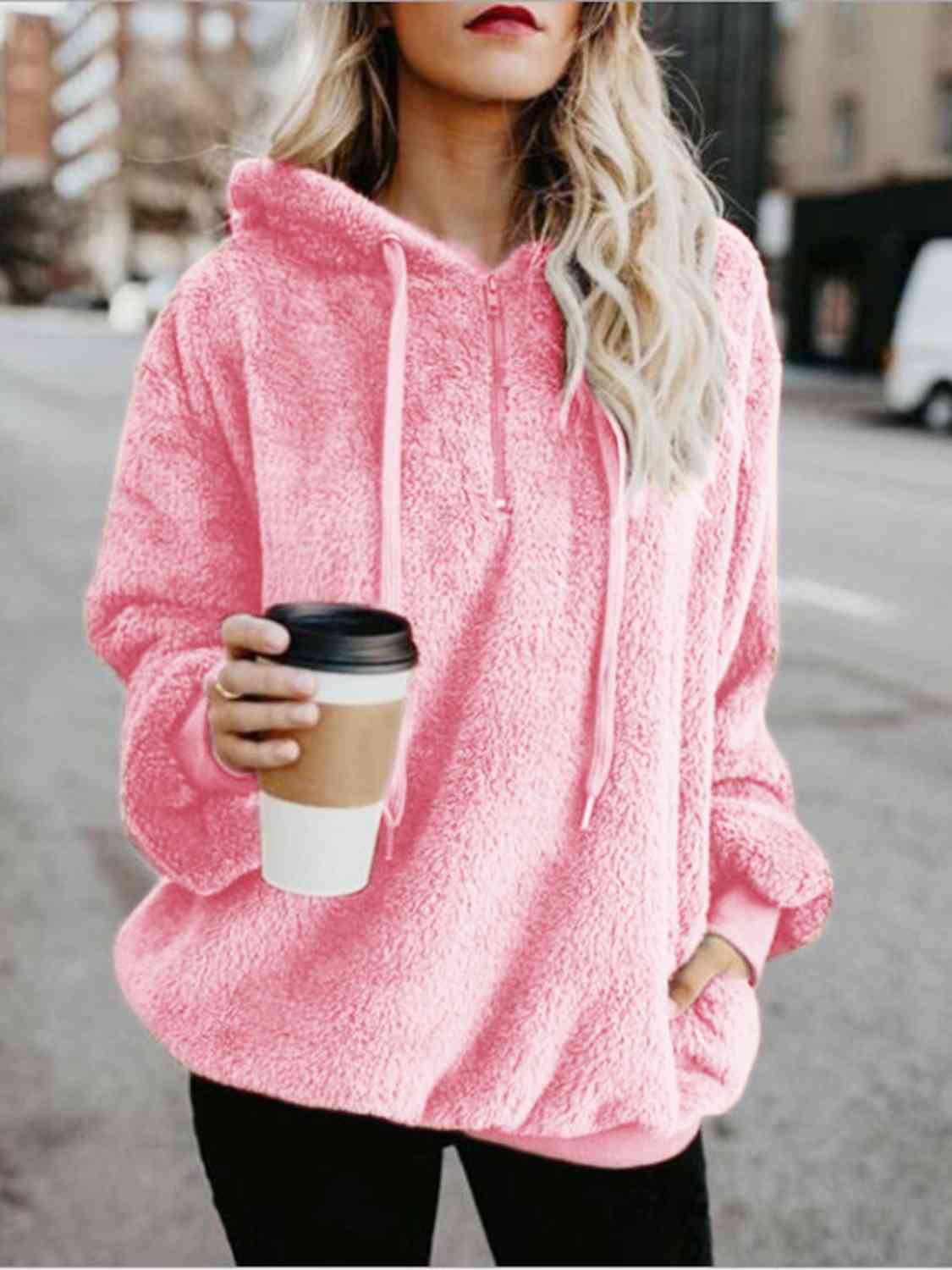 Quarter-Zip Drawstring Teddy Hoodie Blush Pink / S