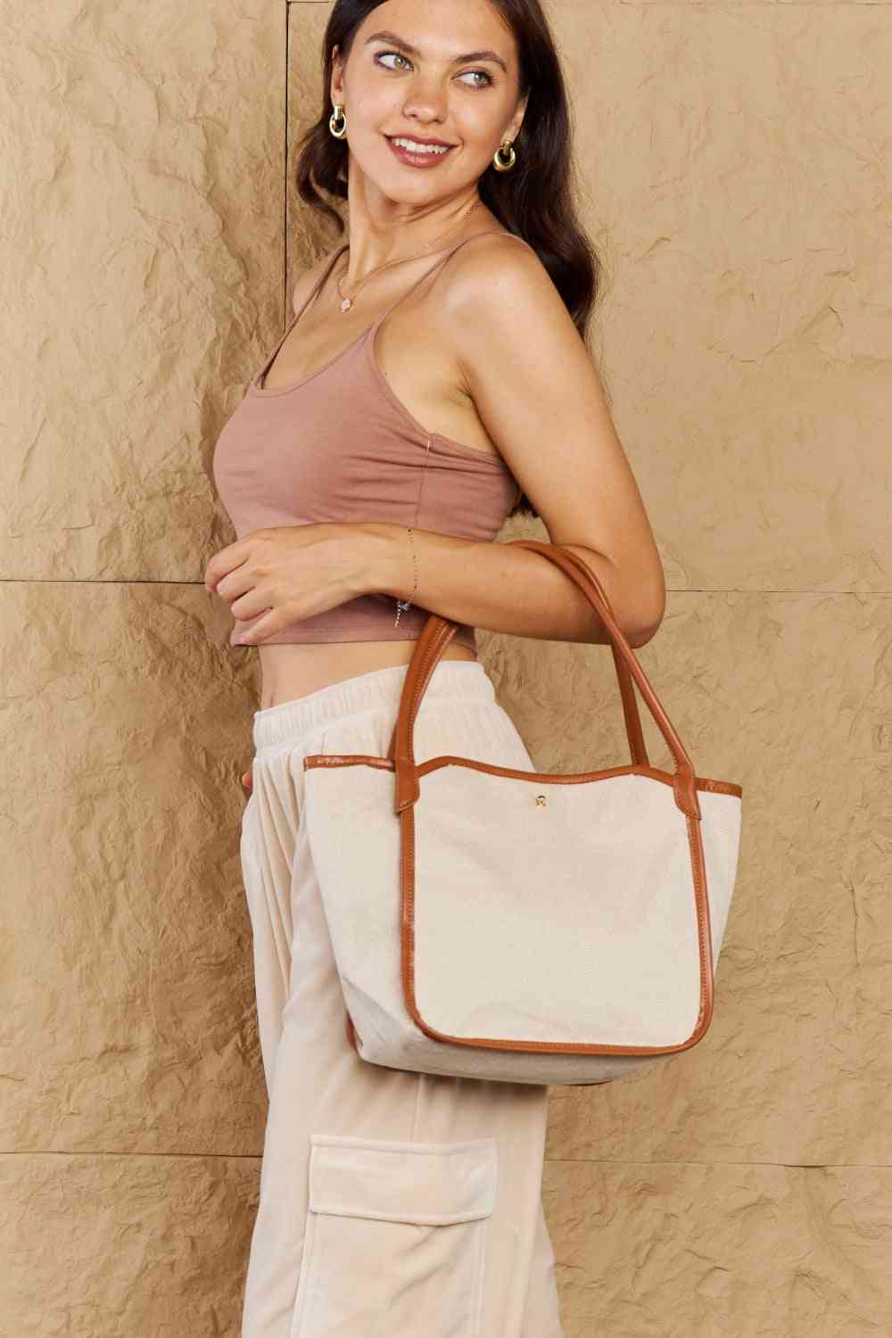 Fame Beach Chic Faux Leather Trim Tote Bag in Ochre Ochre / One Size