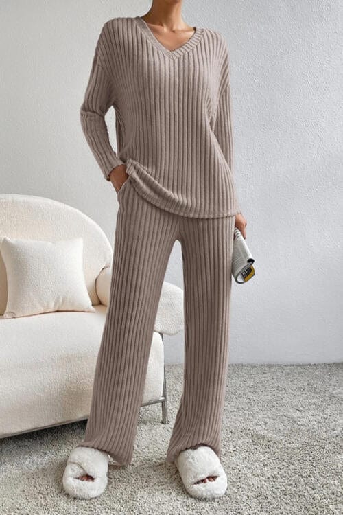 Ribbed V-Neck Top and Pants Set Camel / S