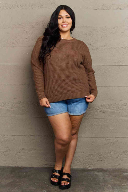 Zenana Breezy Days Chestnut Plus Size High Low Waffle Knit Sweater