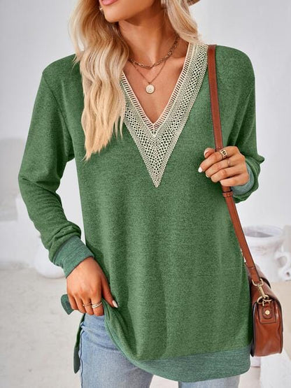 Crochet V-Neck Long Sleeve Slit Top