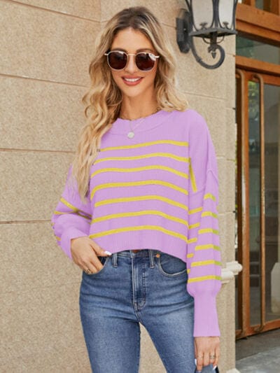 Round Neck Striped Lantern Sleeve Sweater Heliotrope Purple / XS