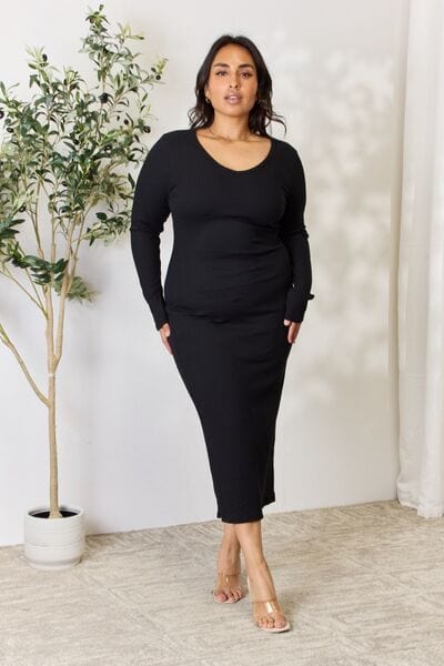 Culture Code Full Size Ribbed Long Sleeve Midi Slit Dress Black / S