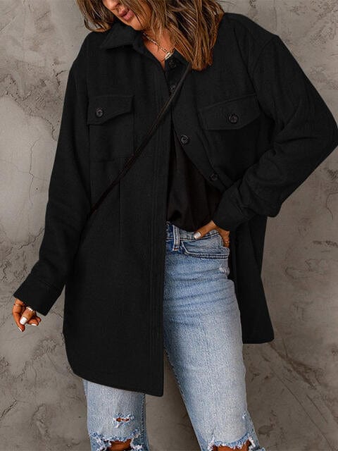 Drop Shoulder Button Down Collared Coat Black / S