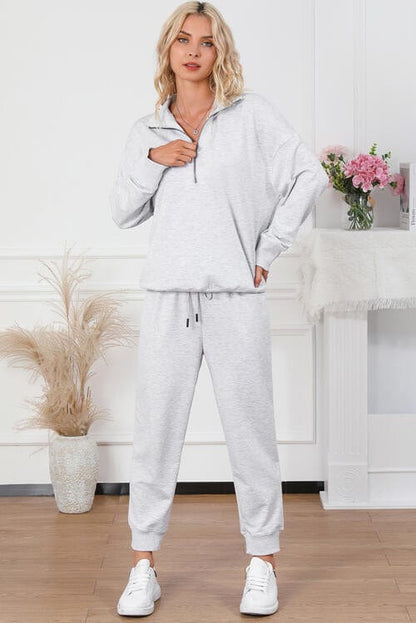 Half Zip Sweatshirt and Drawstring Sweatpants Set Light Gray / S