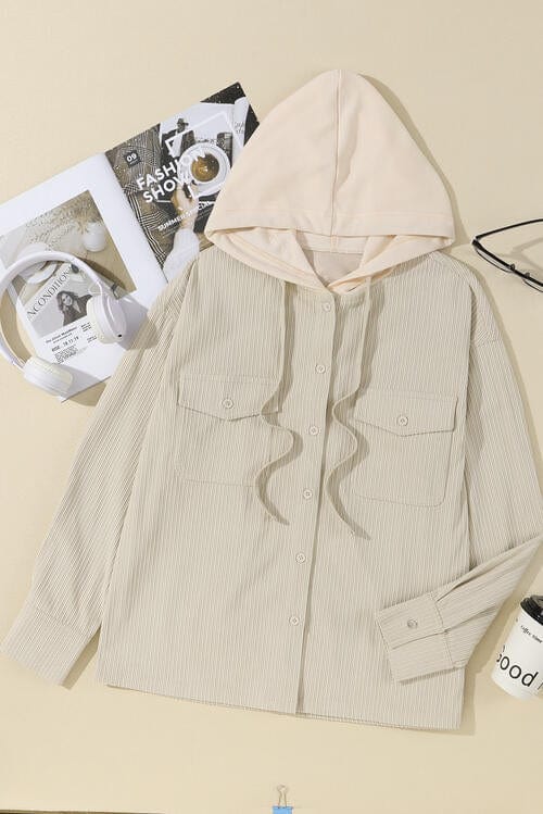 Pocketed Hooded Long Sleeve Jacket Cream / S