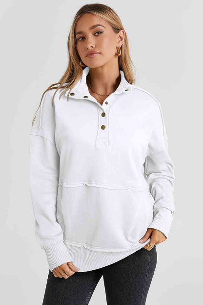 Half Snap Drop Shoulder Long Sleeve Sweatshirt White / S