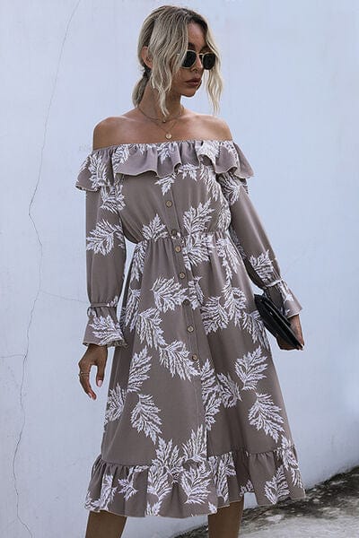 Ruffled Printed Off-Shoulder Midi Dress Dust Storm / S