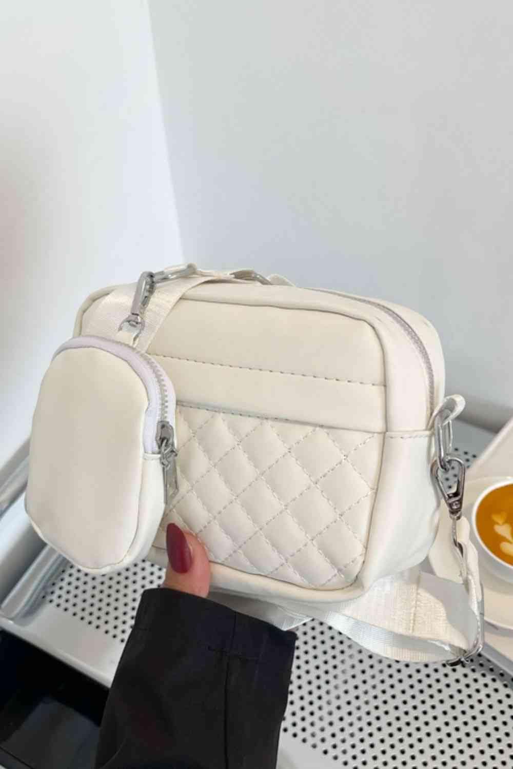 Adored Quilted Stitching Vegan Leather Crossbody Bag with Small Purse White / One Size