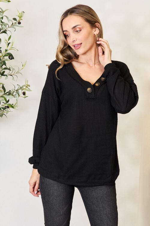 Zenana Buttoned Long Sleeve Blouse Black / S
