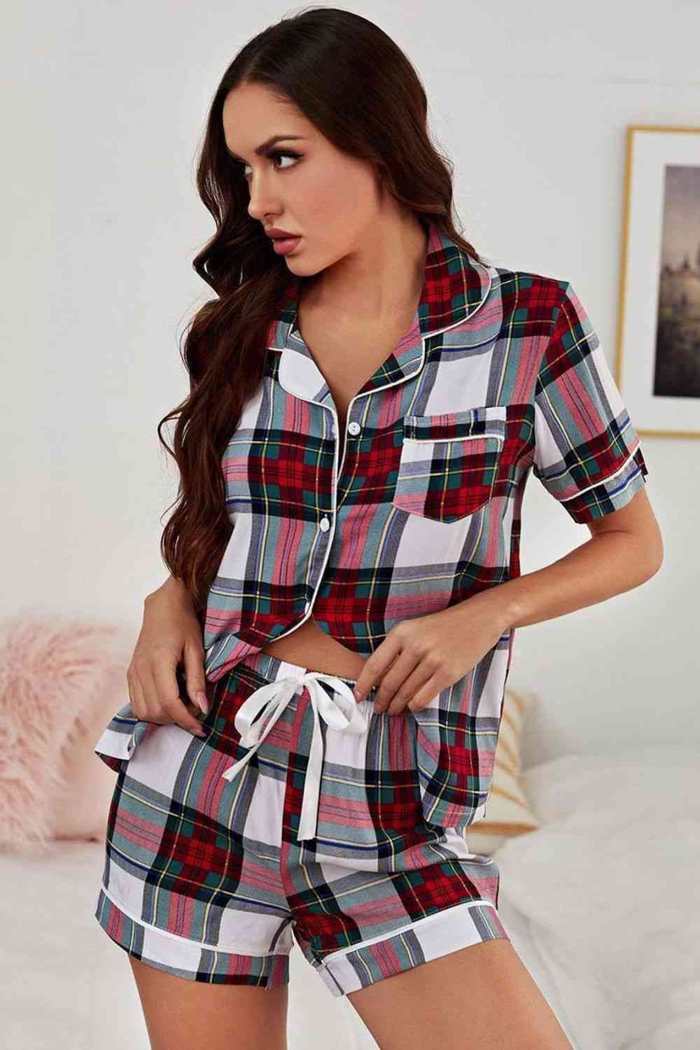 Collared Neck Short Sleeve Tied Two-Piece Pajama Set