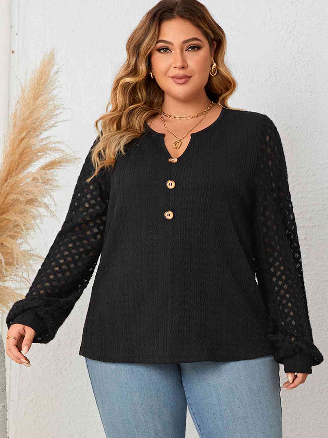 Plus Size Openwork Notched Button Front Blouse Black / XL