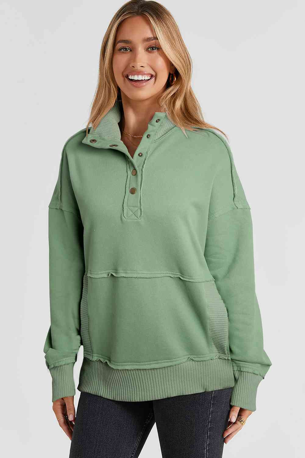 Half Snap Drop Shoulder Long Sleeve Sweatshirt Sage / S