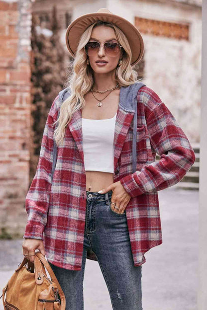 Plaid Dropped Shoulder Hooded Longline Jacket Deep Red / S