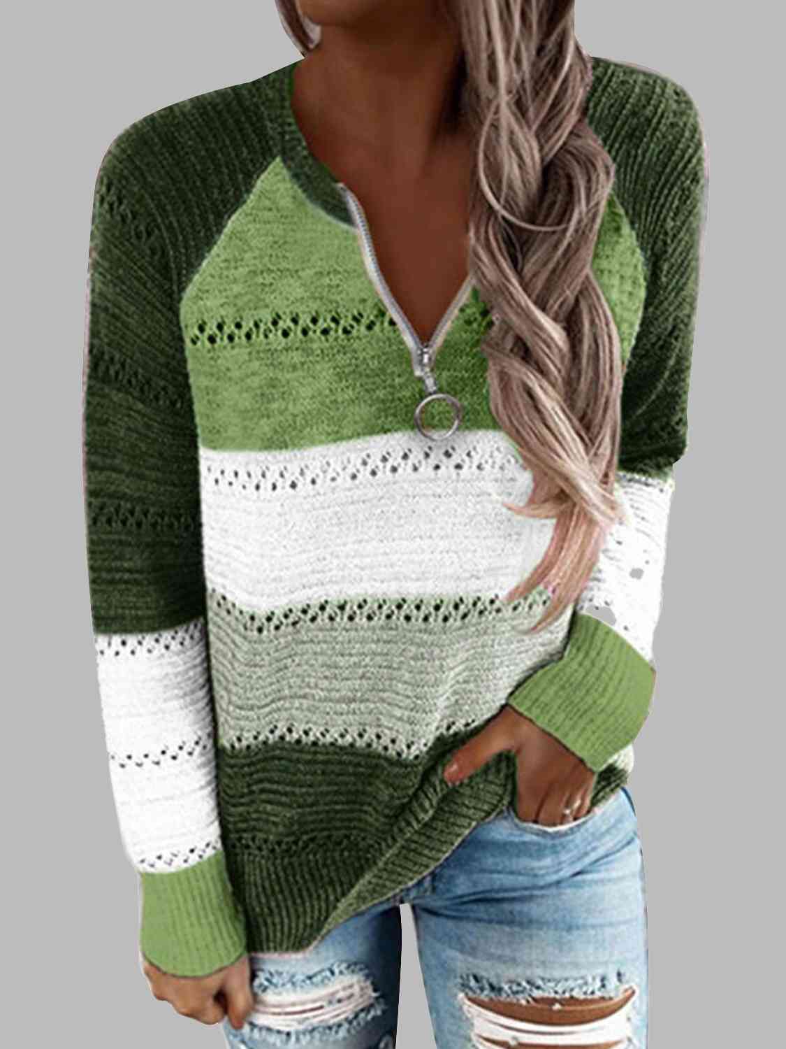 Full Size Color Block Half Zip Sweater Matcha Green / S