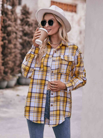 Plaid Dropped Shoulder Longline Shirt Mustard / S