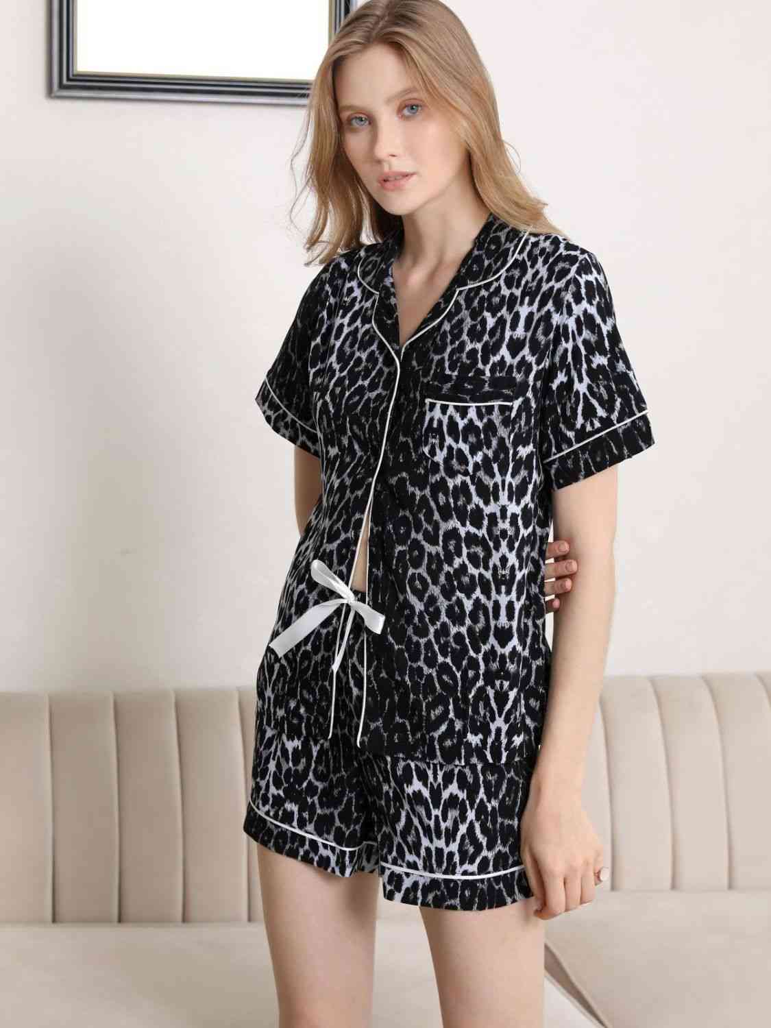 Lapel Collar Shirt and Shorts Pajama Set Leopard / S