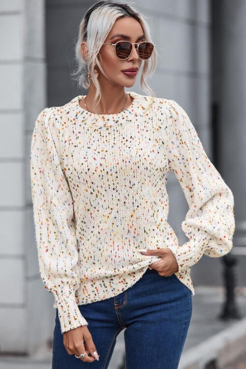 Rainbow Pom Pom Lantern Sleeve Sweater Cream / S