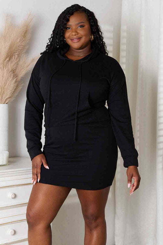 Culture Code Full Size Drawstring Long Sleeve Hooded Dress Black / S