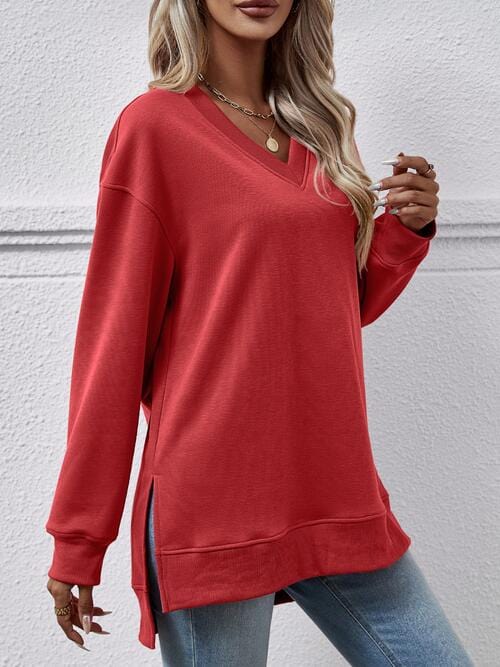 V-Neck Slit Long Sleeve Sweatshirt Deep Red / S