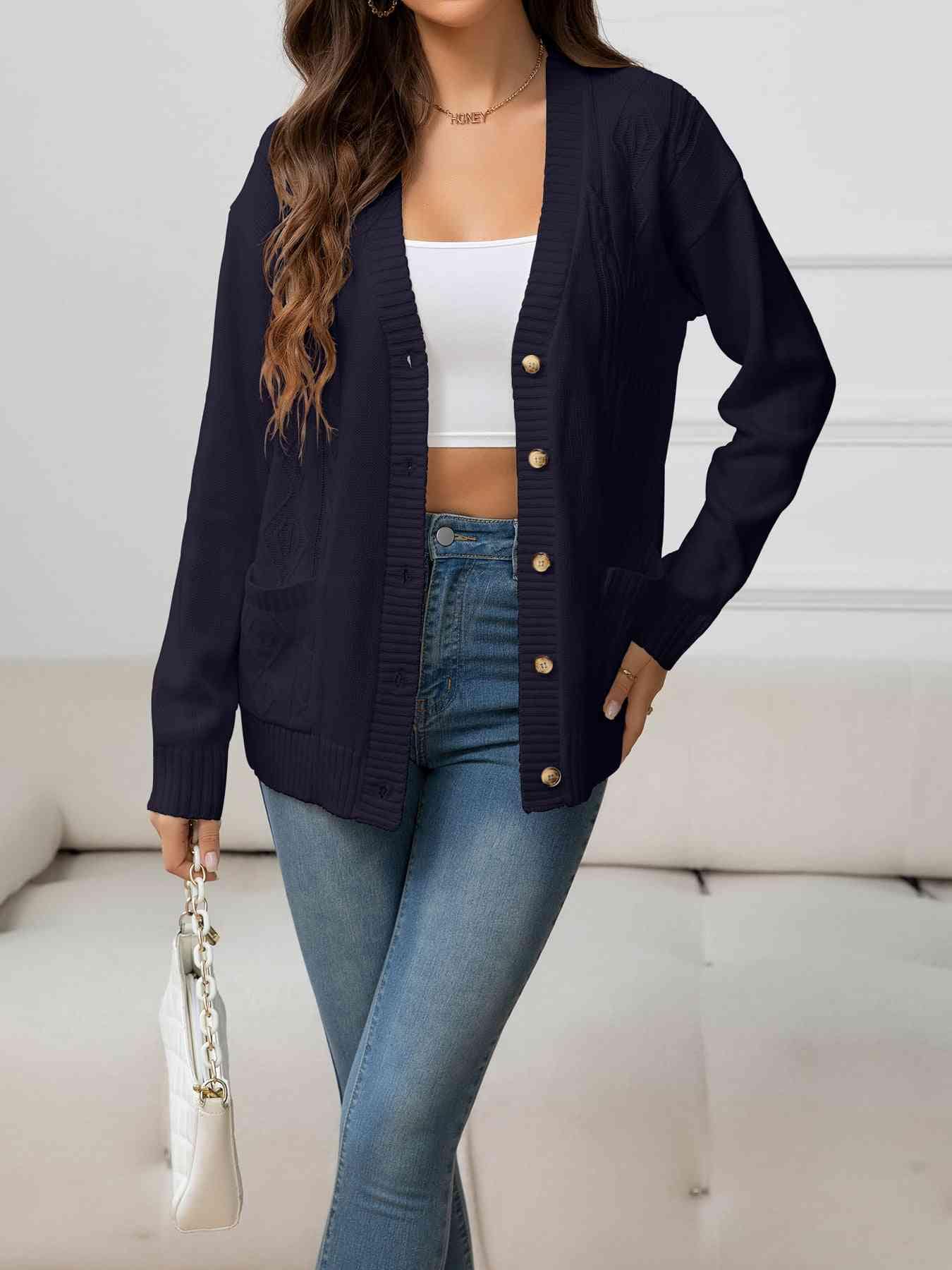 V-Neck Long Sleeve Buttoned Knit Cardigan with Pocket Navy / S