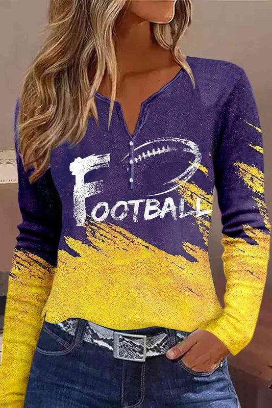 FOOTBALL Graphic Notched Neck Long Sleeve T-Shirt Violet / S
