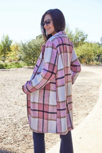 Double Take Full Size Plaid Button Up Lapel Collar Coat