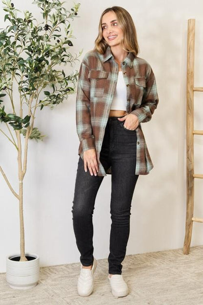 Double Take Olive Brown Plaid Dropped Shoulder Shirt