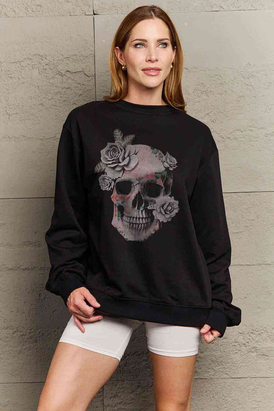 Simply Love Full Size Dropped Shoulder SKULL Graphic Sweatshirt Black / S