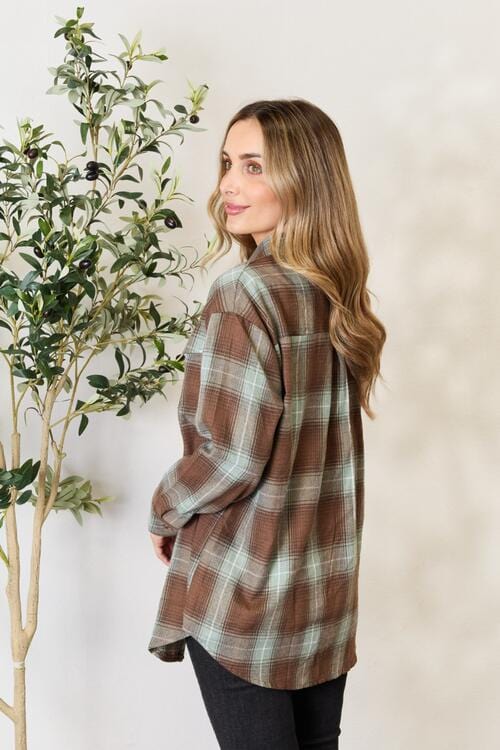 Double Take Olive Brown Plaid Dropped Shoulder Shirt