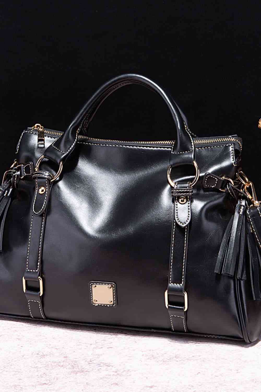 Vegan Leather Handbag with Tassels Black / One Size